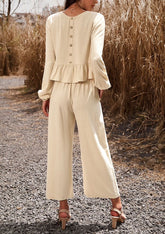 Ruffled Two Piece Long Sleeve Wide Leg Pant Set Miss Sparkling